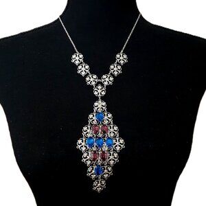 VTG Silver Tone Necklace Colored Glass Faux Gemstones Hanging Statement Piece